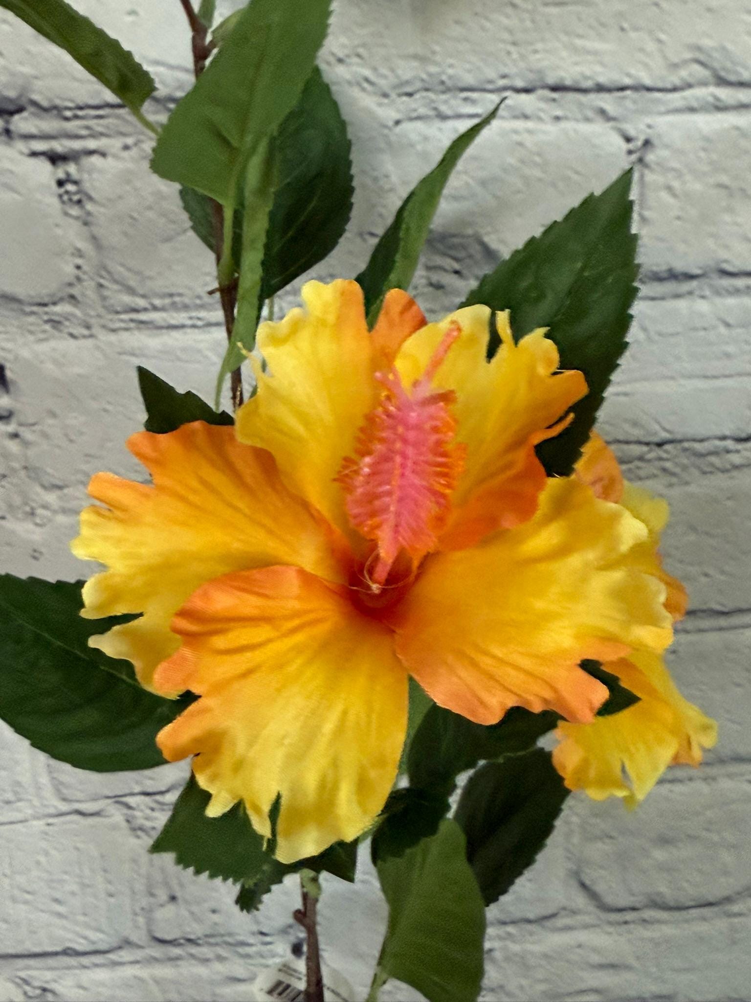 hibiscus♡ Hibiscus Spray, Yellow, 29” With 2 Flowers & 1 Bud, Tropical
