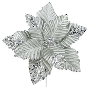 Poinsettia Silver Velvet Sequin stem , Poinsettia Pick Spray for Wreaths, Centerpieces, Swags, Garlands, Christmas Trees NF410826