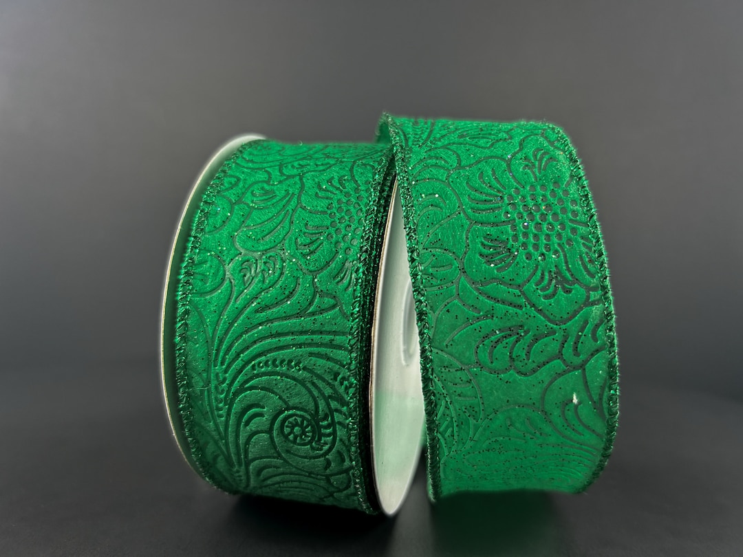 Embossed Ribbon, Emerald Green Glittered Floral, 1.5” X 10 Yards ...