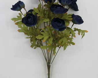 Navy Blue Ranunculus Bush | 12 Bloom Artificial Flowers | Deep Blue Floral Stem for Wreaths, Centerpieces & Wedding Decor 85887