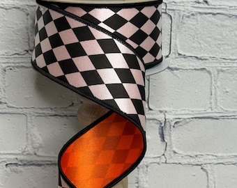 Cinta Arlequín con Naranja de 6,35 cm x 9,14 m, Cinta Arlequín en Blanco y Negro con Reverso Naranja, Ideal para Coronas, Manualidades o Diseños Florales LX305320
