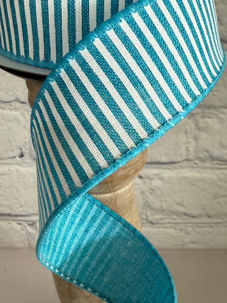 Custom Stipe Ribbon Turqoise and White Horizontal Stipe Royal Canvas 1.5” X 10 Yards ...