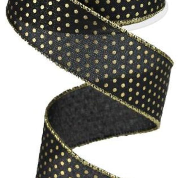 BlackRoyal Gold Swiss Dots Wired Ribbon 1.5” x 10 Yards,  Ribbon for Wreaths, Crafts or Floral Designs RG0190702