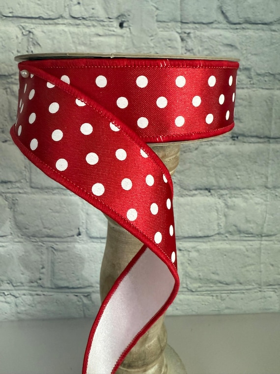 Red White Polka Dot Backed w/ White Wired Ribbon 1.5” x 10 Yards, Patriotic or 4th of July Ribbon for Wreath, Crafts or Floral Designs