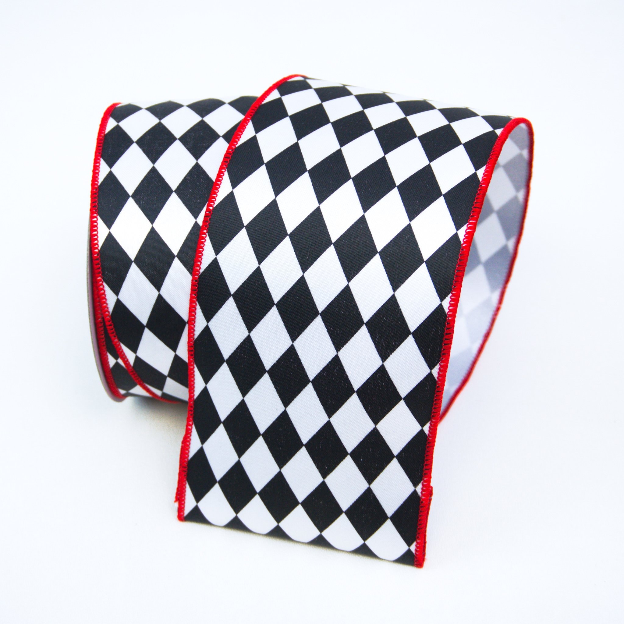 Black and White Jester Diamonds With Red Trim Wired Ribbon