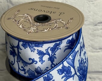 Chinoiserie Blue and White Dupion Wired Ribbon 2.5” X 10 Yards, D