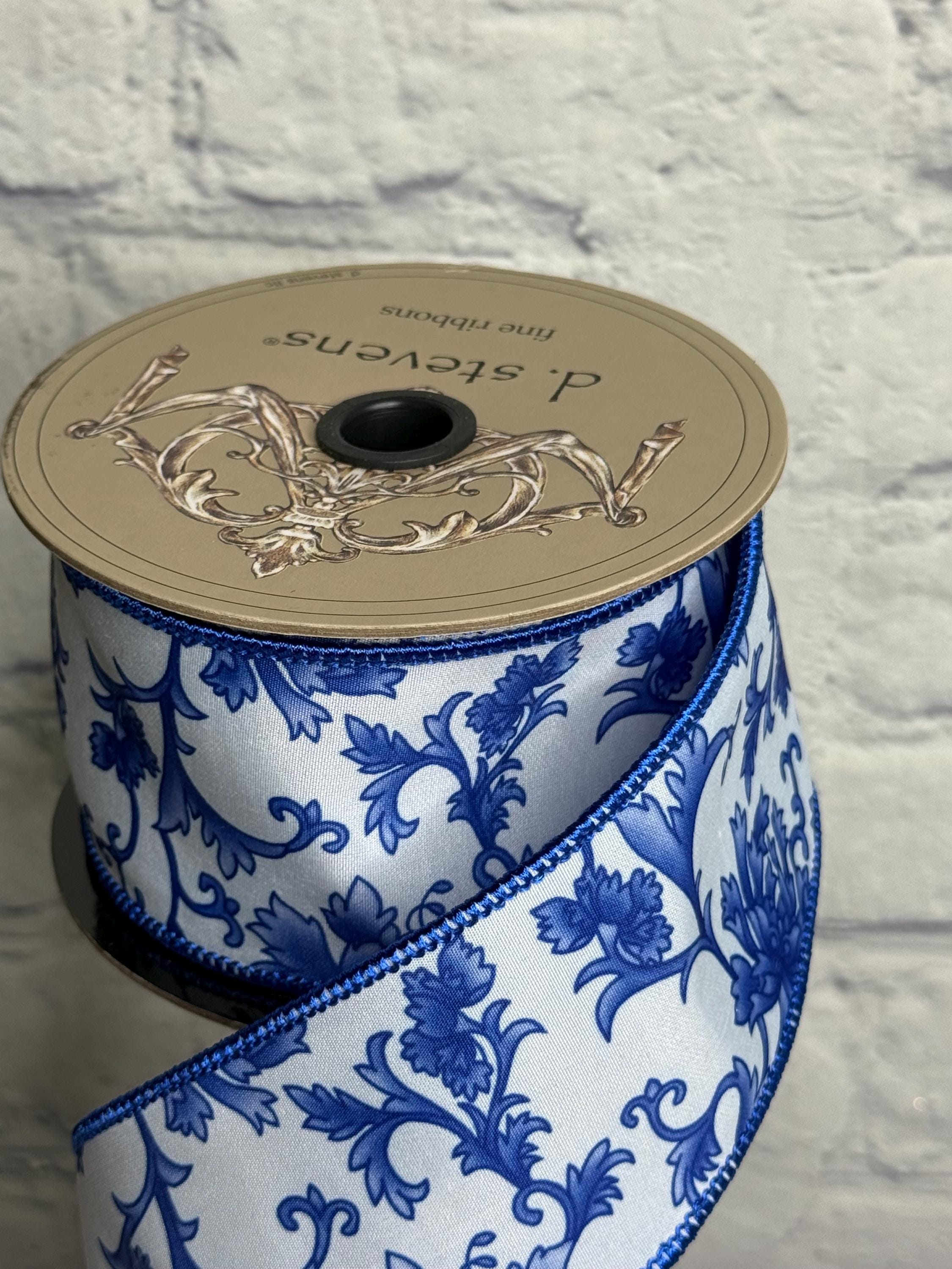 Chinoiserie Blue and White Dupion Wired Ribbon 2.5” X 10 Yards, D