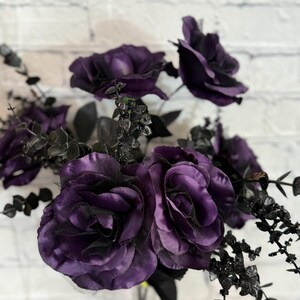 Spooky Roses Purple & Black Rose Bush With Eucalyptus – Gothic Halloween Floral Stem ...