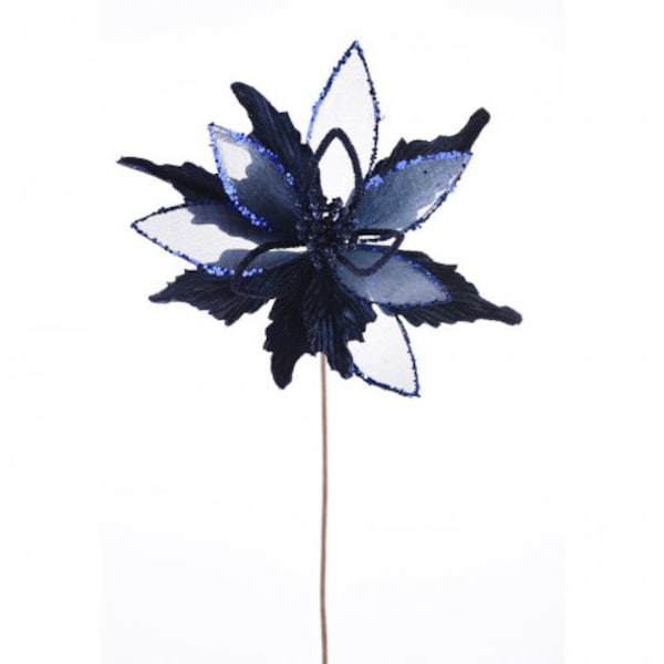 Midnight Blue Velvet Sheer Glitter Poinsettia Stem Winter Spray for Wreaths, Centerpieces, Swags, Garlands and Christmas Trees 128608