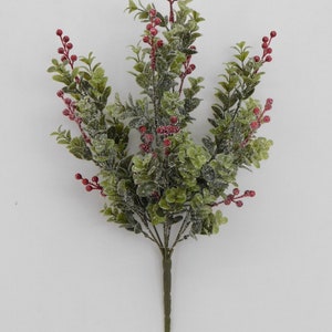 Iced Boxwood Bush with Red Berries 18” x 7, Mix Greenery Bush Vase Filler, Winter Stem Wreath Embellishment Supply, Floral Supply, 82839