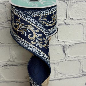 Navy Blue Wired Ribbon with White & Gold Glitter Scroll Design – 2.5" x 10 Yards | Elegant Ribbon for Wreaths, Christmas, RGH121419