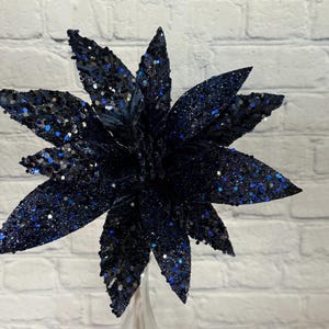 Midnight Blue Velvet Sequin Glitter Poinsettia 19.5&quot; stem for Wreaths, Centerpieces, Swags, Garlands and Christmas Trees XS3975