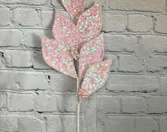 Pink Sequins w/ Beaded Edge Leaf Spray 26”, Christmas Tree or Valentine's Day Accents for Wreaths Embellishment Wreath Supplies, MTX66874