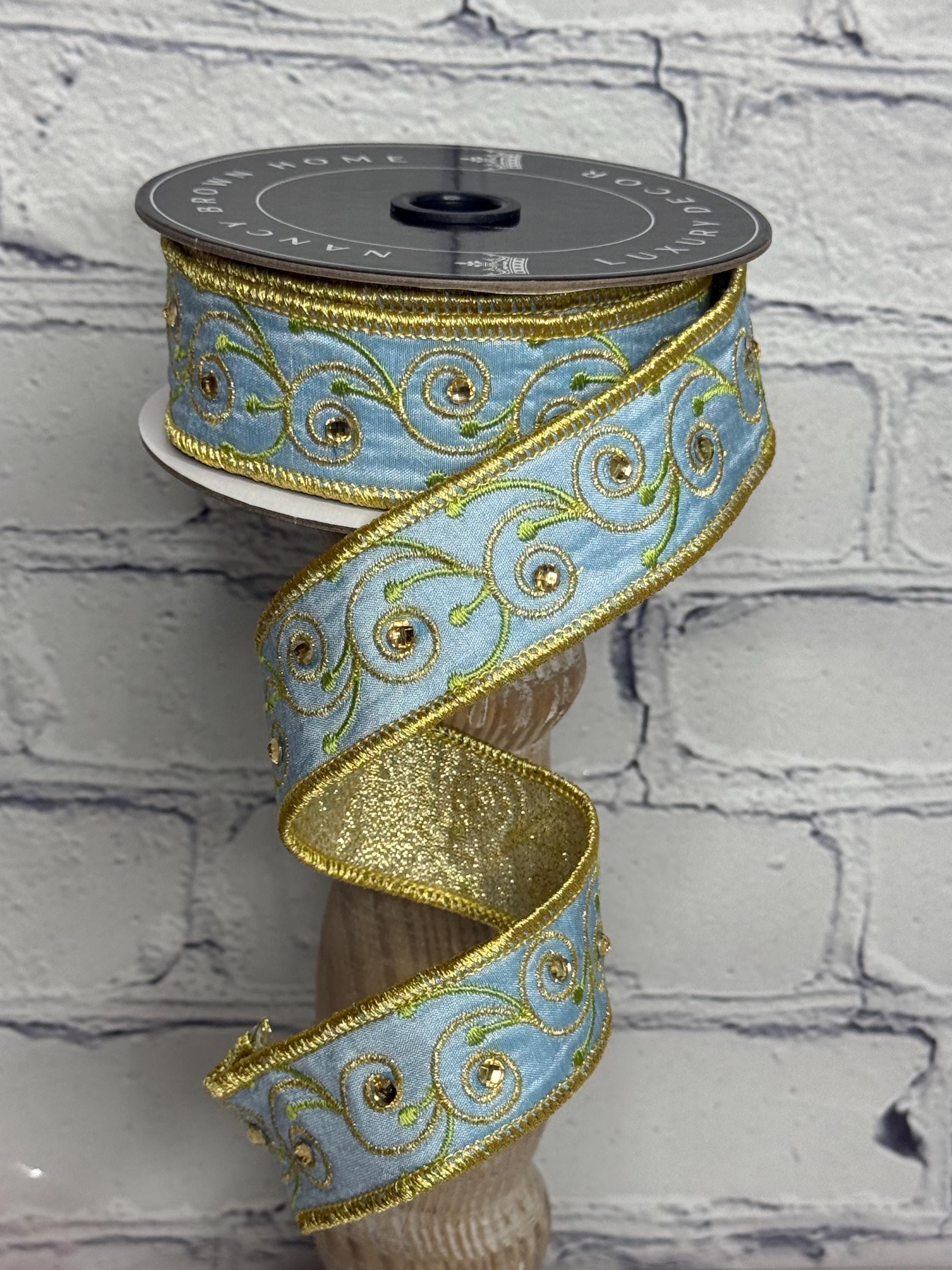 Light Blue and Gold Bling Double Faced Wired Ribbon, 1