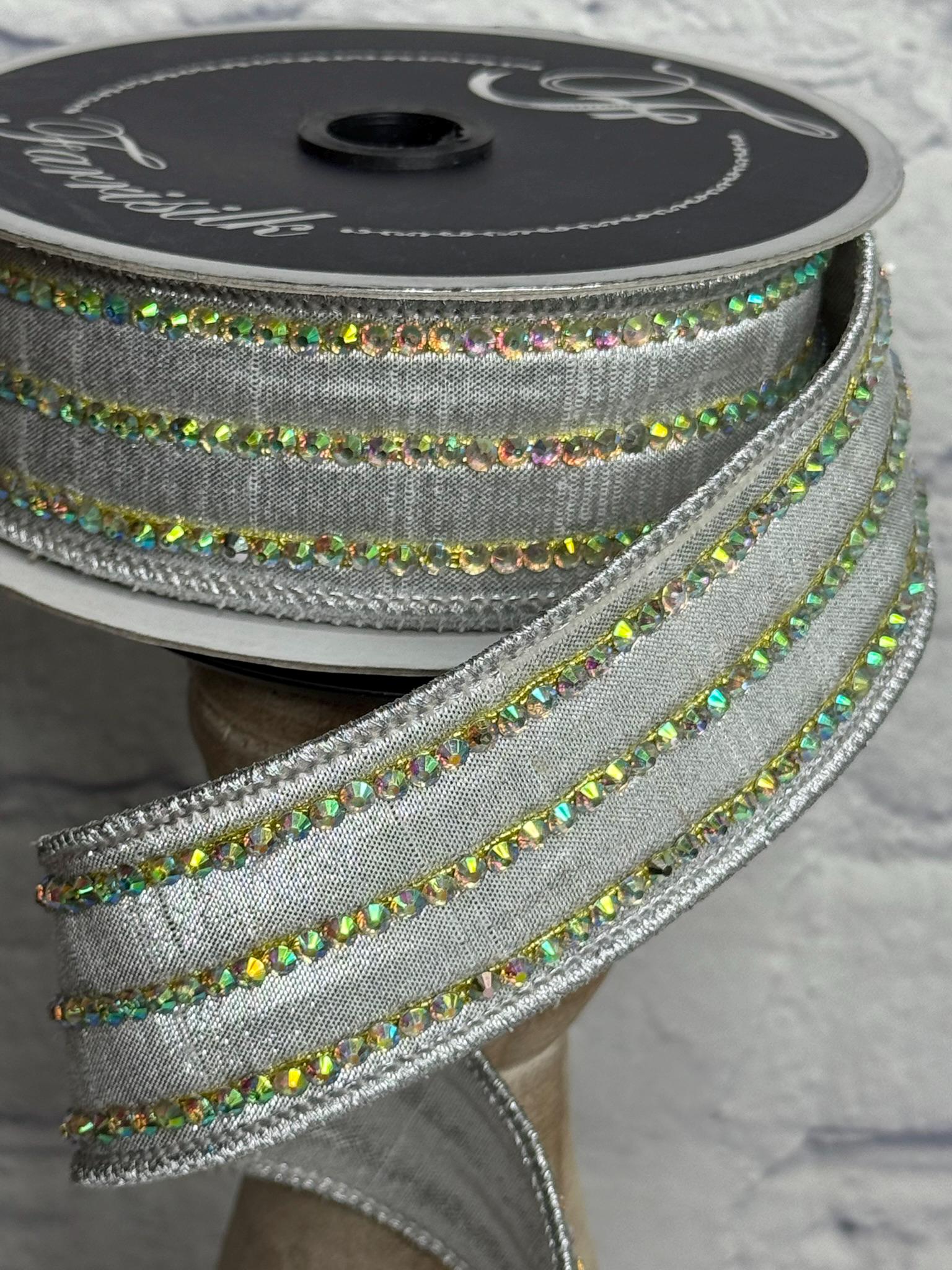 Silver Iridescent Jewel Stripes 1.5” X 5 Yards, Farrisilk Premium