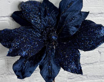 Midnight Blue Velvet Bead and Sequin Magnolia Stem 24" Winter Spray for Wreaths, Centerpieces, Swags, Garlands and Christmas Trees
