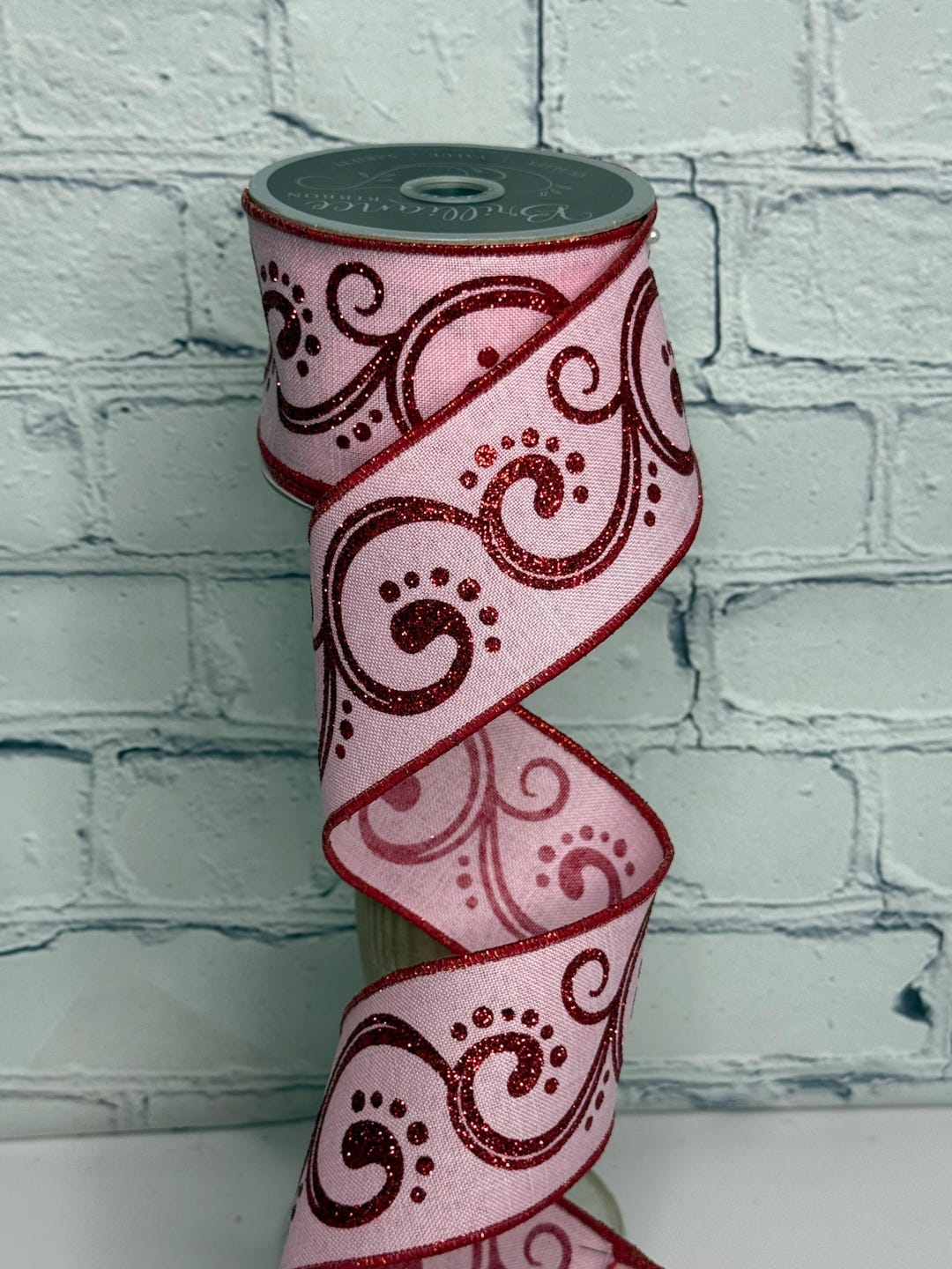 Valentines Ribbon Pink Ribbon With Red Glitter Swirls – 2.5