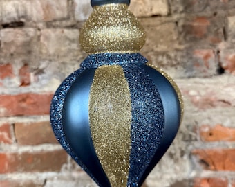 Ornament, Smoke Blue, Ice Blue, Gold Finial w/ Glitter, 12"L, Christmas Ornament, Blue Christmas, Wreath Attachment, XY3467ER