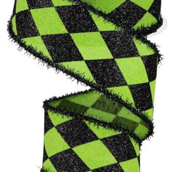 Halloween Harlequin Black and Green with Black Tinsel 2” x 10 Yards,  Ribbon for Wreaths, Crafts or Floral Designs RG0805233