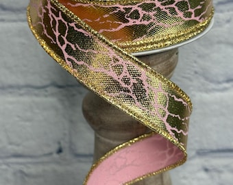 Rose Pink & Metallic Gold Cracked Foil Wired Ribbon 7/8" x 10yd – Elegant Craft, Decor Accent, RGH7084EH
