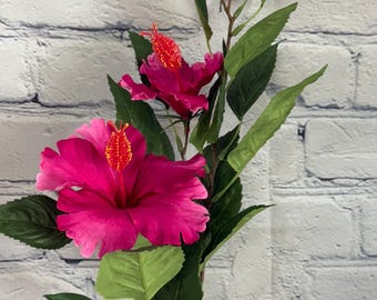 Hibiscus Spray, Fuchsia, Pink, 29” With 2 Flowers & 1 Bud