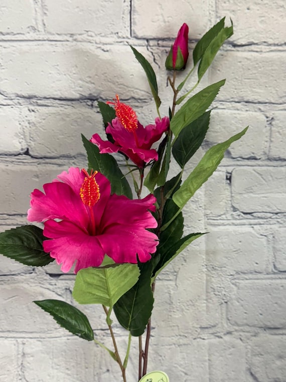 Hibiscus Spray, Fuchsia, Pink, 29” With 2 Flowers & 1 Bud