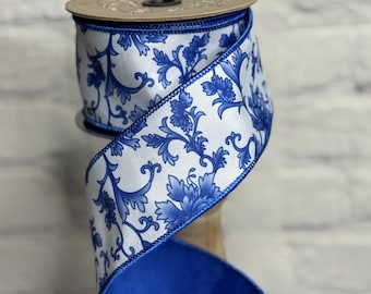 Chinoiserie Blue and White Dupion Wired Ribbon 2.5” X 10 Yards, D