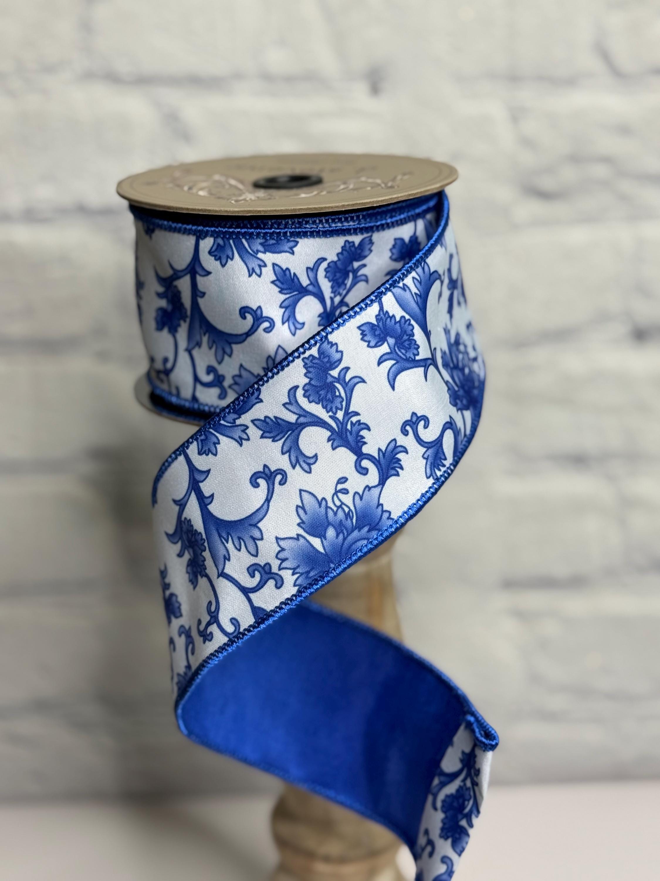 アクセサリー blue and white porcelain ribbon necklace Chinoiserie Blue and White Dupion Wired Ribbon 2.5” X 10 Yards, D
