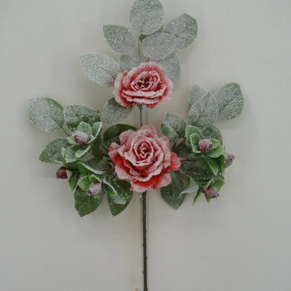 Frosted Rose Berry Spray, 18", Winter Greenery Bush, Branch Pine Stem, Wreath Embellishment Supply, Floral Supply 83754-RD