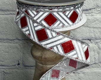 Silver and Red on White 7/8" x 10 Yards Woven Stripe Ribbon, Christmas & Valentine’s LS3129E2