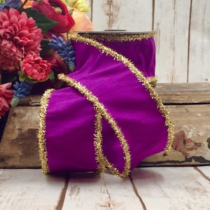 Purple Dupion with Gold Tinsel Edge 2.5” x 5 Yards, Ribbon for Wreaths, Crafts or Floral Designs 87-1212