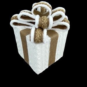 White Knit Gift Box trimmed in light brown H7"xW5 x D5" Ornament, Christmas Tree Ornament, Wreath Attachment or Supplies, 85615BNWT