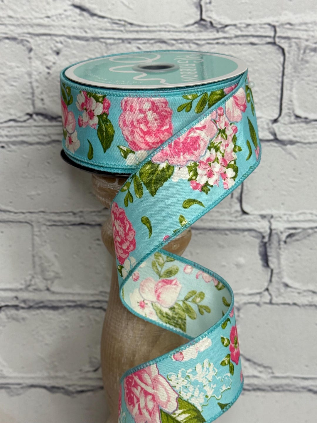 Blue Floral Wired Ribbon, 1.5