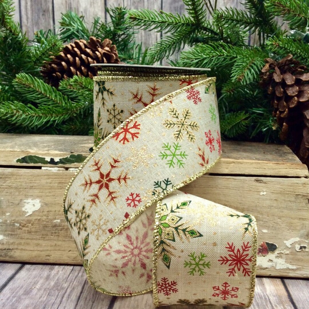 Snowflake Red Green and Gold Glitter Scattered, 2.5” Wired Linen Ribbon ...