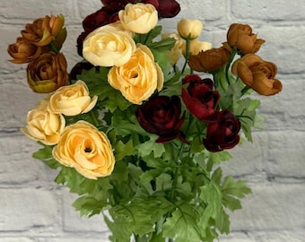 Burgundy Brown Beige, Mini Ranunculus  Bush, 16"L x 9, Wreath Supplies, Fall Floral and Garden Wreaths, Fall Wedding Bouquet, 84399