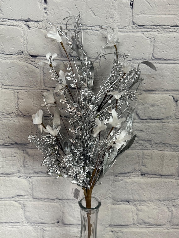 Metallic Silver Spray with Berries, Twigs and Gold Filler Spray 24”, Wreath Embellishment Supply, 60919, 63526-SILVER