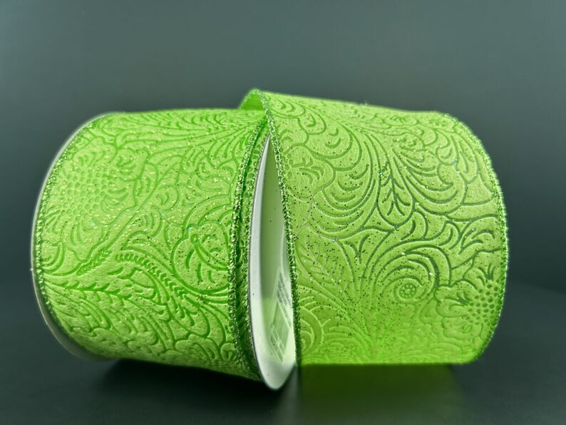 Embossed Ribbon, Lime Green Glittered Floral, 2.5” X 10 Yards ...