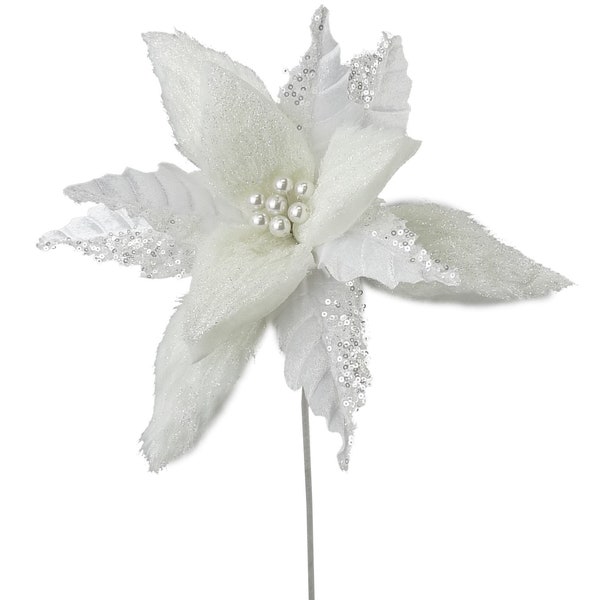 White Furry Sequin Poinsettia Stem 21" L x 12"W, Christmas Tree Ornament, Wreath Attachment or Supplies, 84603WT