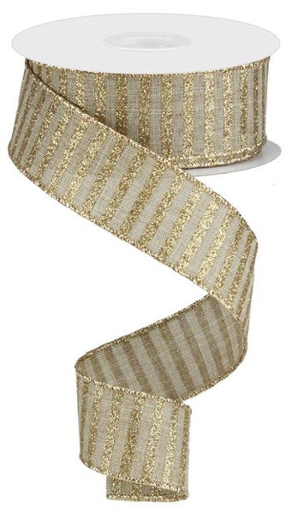 Light Beige Ribbon with Glittered Gold Stripes 1.5” x 10 Yards, Ribbon for  Wreaths, Crafts or Floral Designs RG0169101