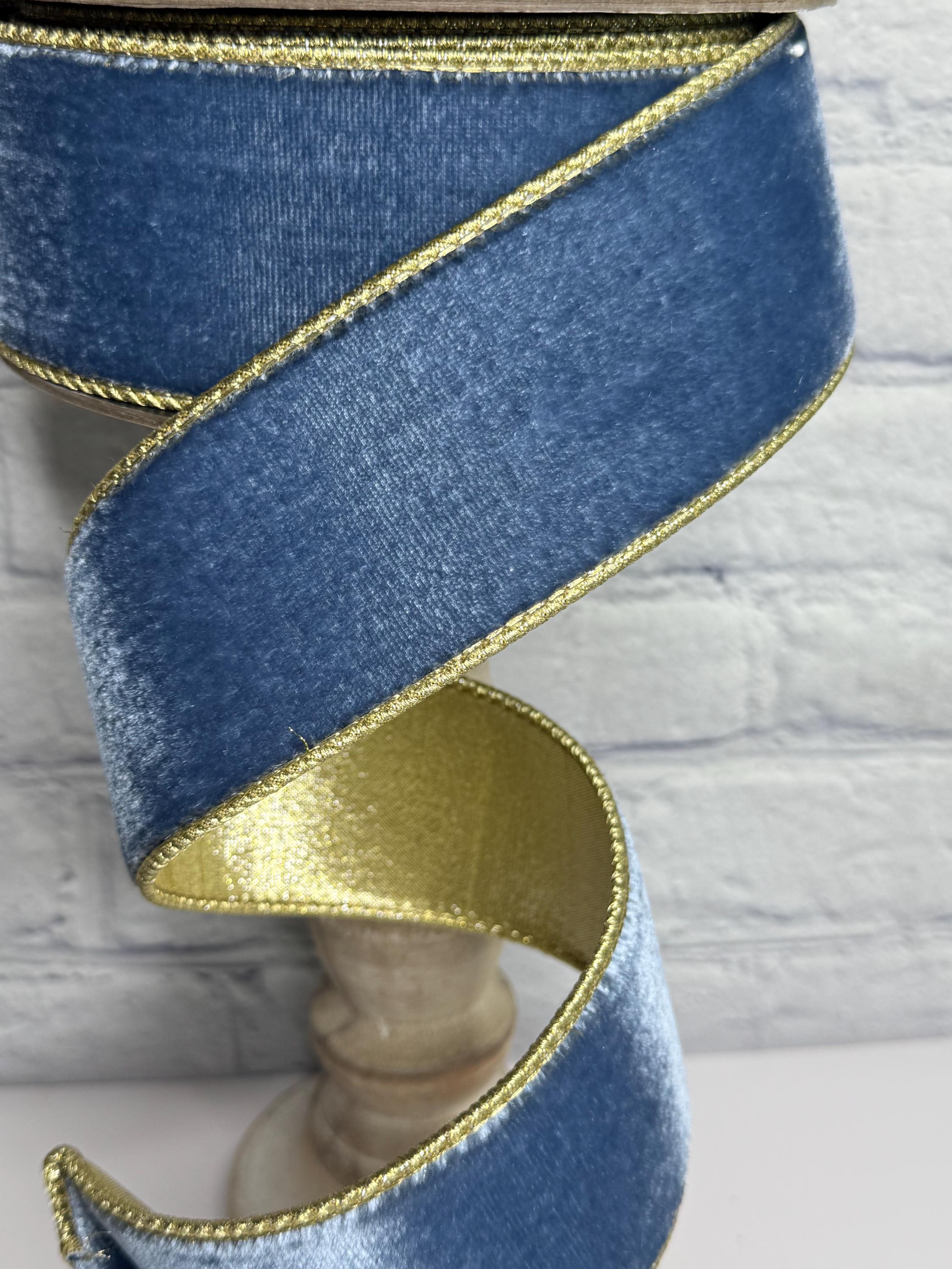Dusty Blue Velvet Ribbon With Light Gold Metallic Gold Backing
