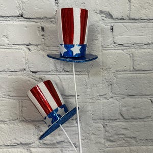 May include: Two red, white, and blue Uncle Sam top hat decorations with glitter. The hats are attached to white sticks.