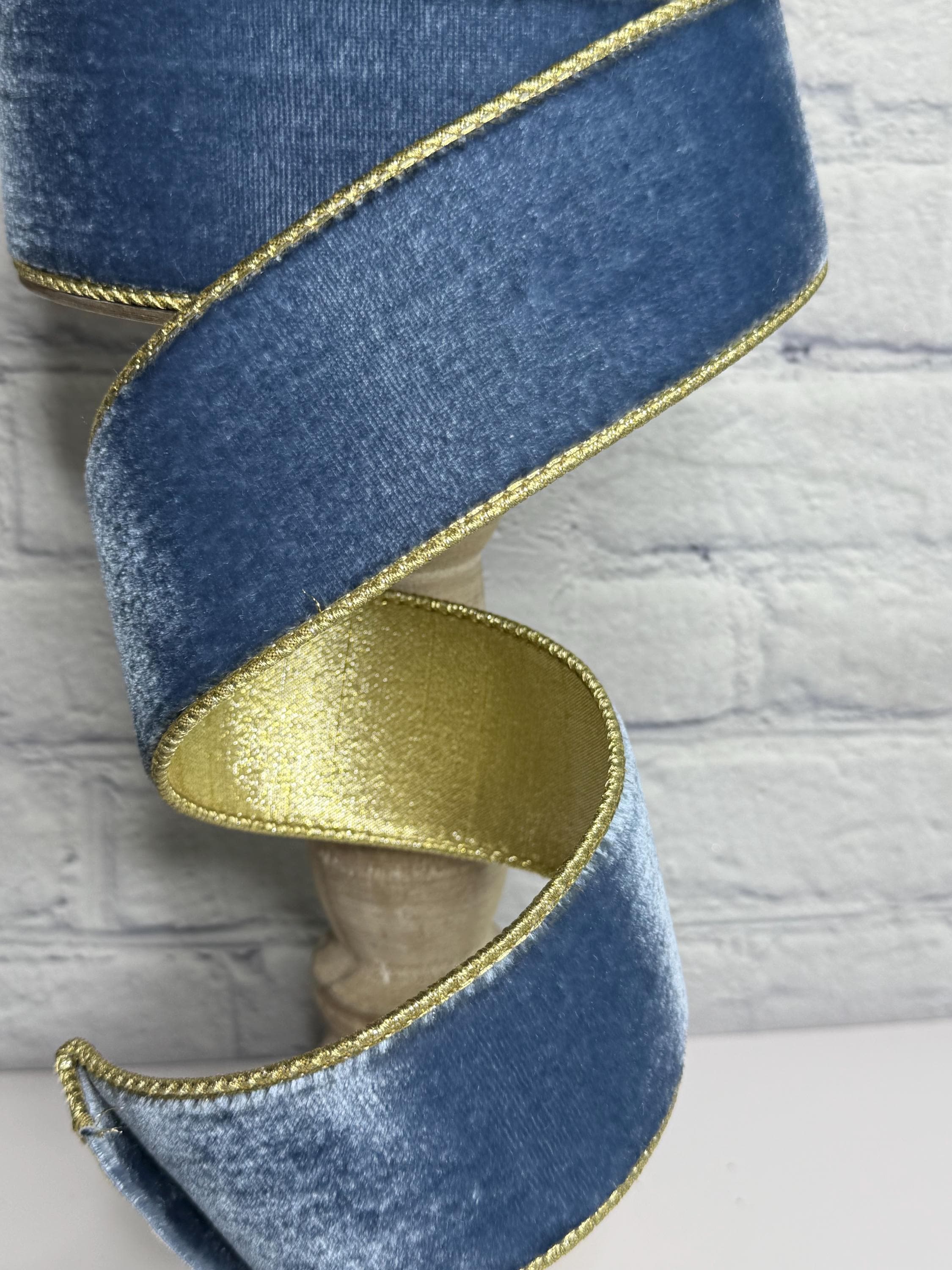 Dusty Blue Velvet Ribbon With Light Gold Metallic Gold Backing