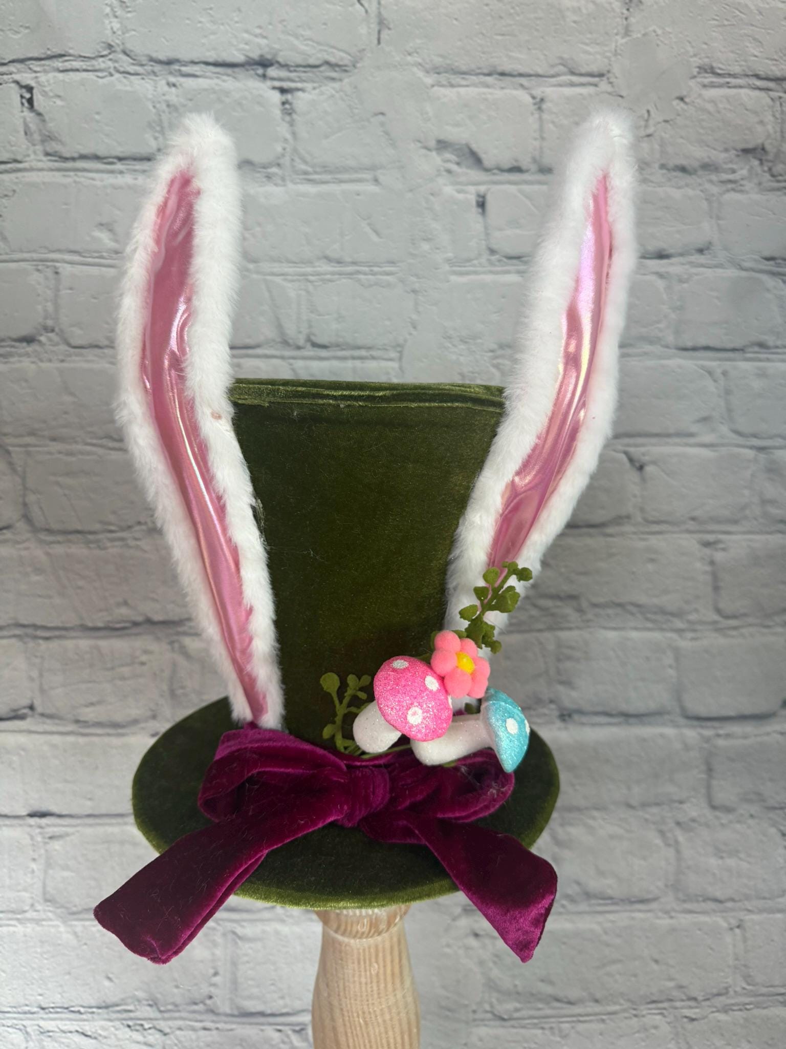Easter Bunny Top Hat - Olive Green With Fuchsia Bow - 12H X 8 Dia