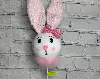 Bunny Head Fur Spray – 18” H x 5” W | White Bunny with Pink Sequin Accents | Wreath Embellishment, 63900PK