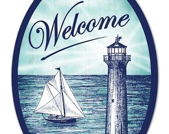 Welcome w/ Lighthouse Oval Sign 13" H x 9" W, Signs, Wreaths, Wreath Embellishment Supplies, AP7325