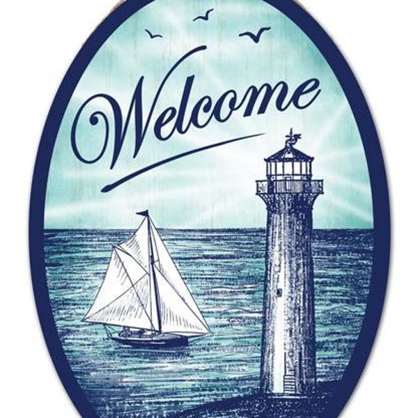 Welcome w/ Lighthouse Oval Sign 13" H x 9" W, Signs, Wreaths, Wreath Embellishment Supplies, AP7325