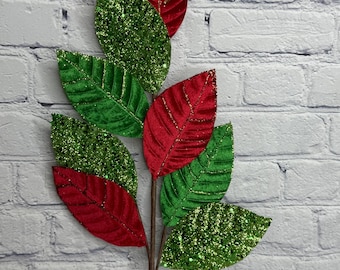 Vaporisateur de feuilles de Noël en velours, paillettes vertes et rouges, décorations de Noël classiques pour couronnes, décoration de sapin de Noël, 86079RDGN