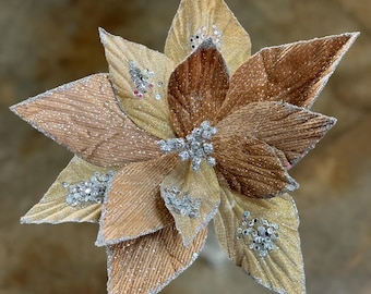 Natural Brown Glittered Poinsettia Stem 19" L Christmas Tree Ornament, Wreath Attachment or Supplies, 234196