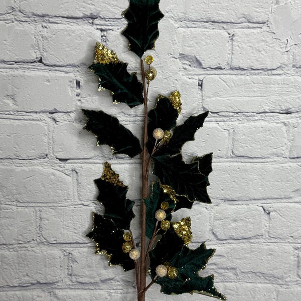 Hunter Green Velvet Holly Stem with Gold Sequin Glitter & Berries – 29.5” – Elegant Christmas Decor, 251744