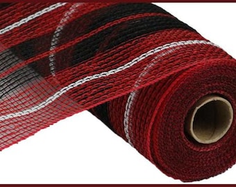 Red Black and White Thick Stripe Faux Jute Mesh  10.25" X 10 Yards RY8330H9